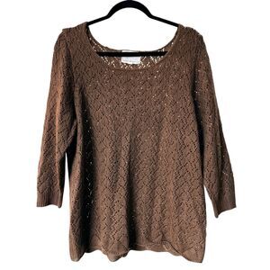 Debbie Morgan Argyle Crochet Pullover Sweater 3/4 Sleeve Brown Women's Size XL